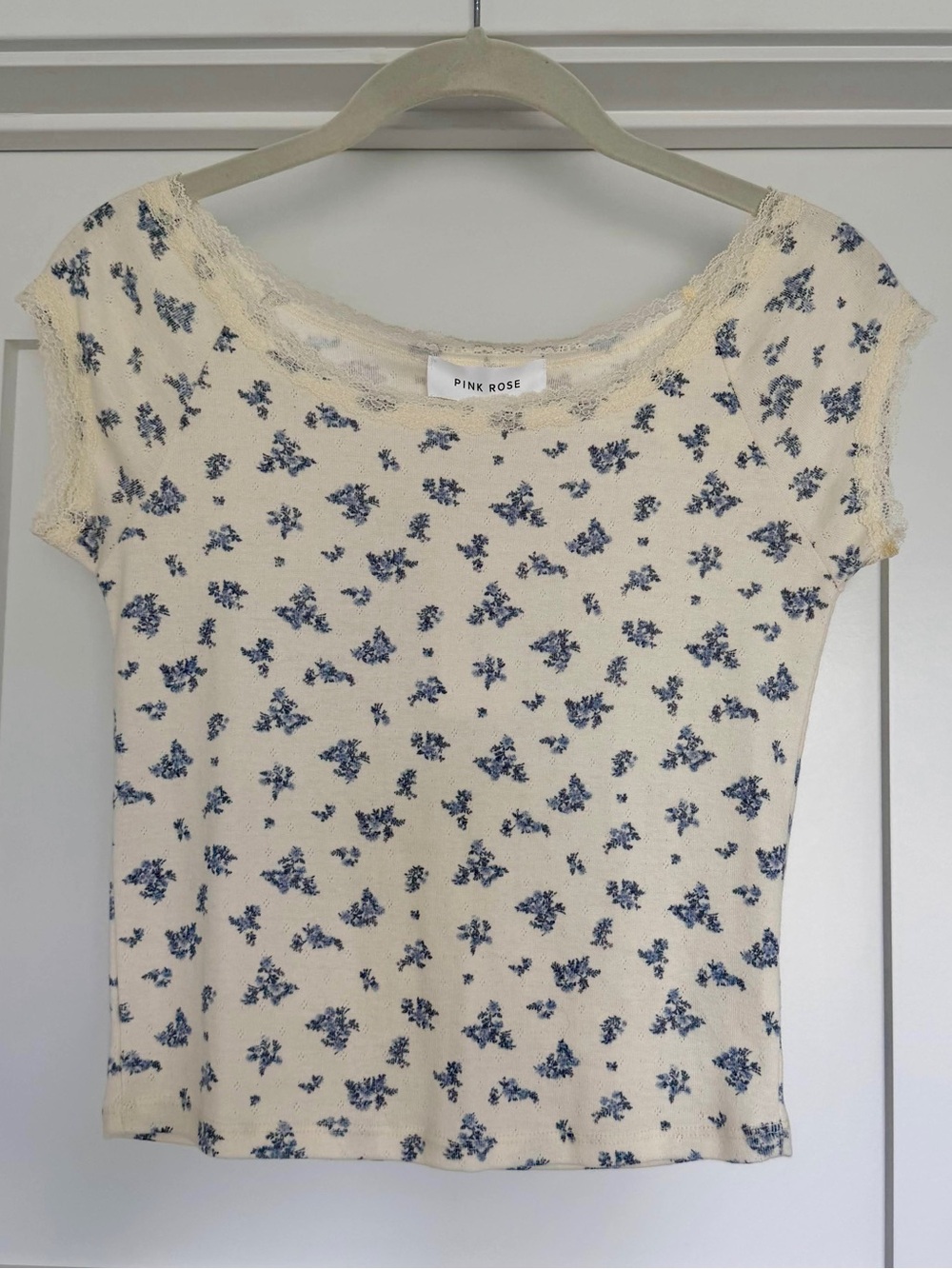 Pink Rose Cream Blue Floral Lace-Trim Cap Sleeve Shirt